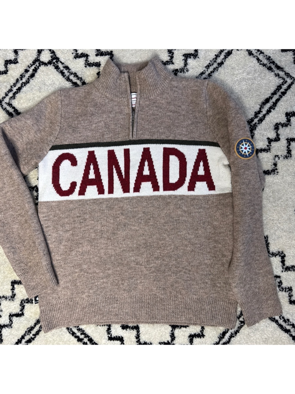 Men's Quarter Zip Canadiana Sweater in Taupe with Red Lettering Size Medium